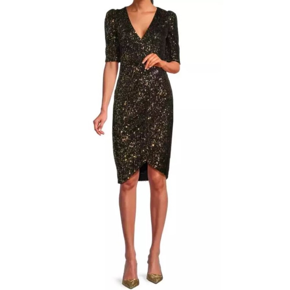 Calvin Klein Black Gold Faux Wrap Sequin Ruched Dress Short Sleeve Cocktail